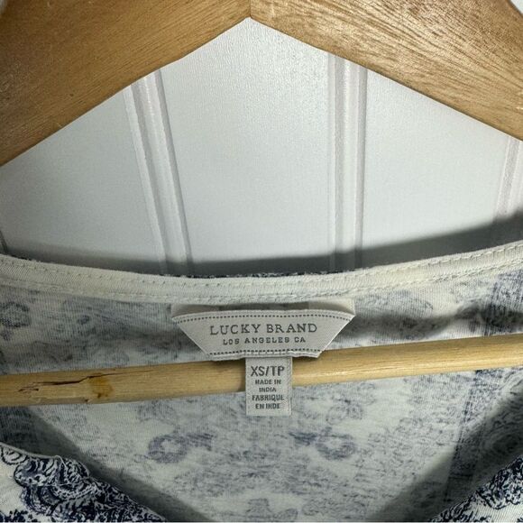 Lucky Brand Top XS Blue White Floral Boho Peasant Summer Knot Front - Picture 6 of 7